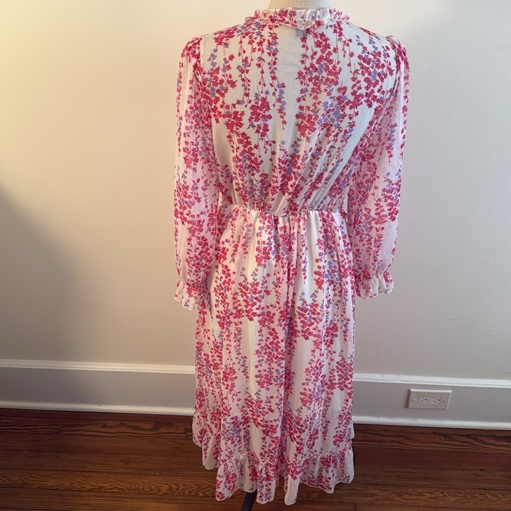 Midi Dress Long Sleeve Pink White Floral Frill Trim Flounce Sleeve Ruffle Hem M - Picture 6 of 7